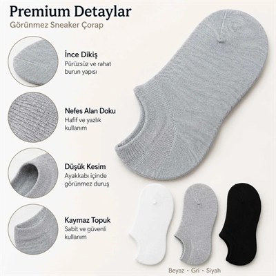 Erkek Görünmez Sneaker Babet Çorap 6lı | Geri Dönüşüm İplikli, Kaymaz Topuk, Siyah Gri Beyaz