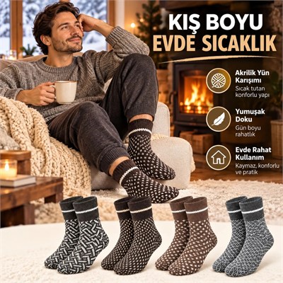 Erkek Kışlık Desenli Çorap 4lü Seti Sıcak Tutan Yumuşak Rahat Günlük Renkli Uzun Soket Çorap Paketi