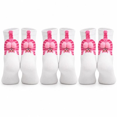 Kadın 3lü Beyaz Pembe Kedi Desenli Ponponlu Soket Çorap Seti | 3D Kedi Figürlü Sevimli Çorap Modeli