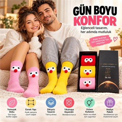 Kadın 3lü Kutulu 3D Gözlü Soket Çorap Seti | Kırmızı, Sarı, Pembe Eğlenceli Hediyelik Çorap Paketi!