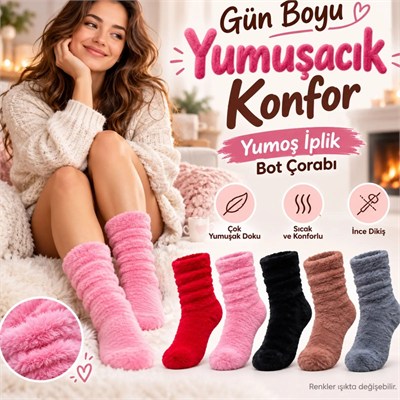Kadın 3lü Peluş Bot Çorap Seti | Kırmızı Pembe Siyah Yumuşacık Tüylü Büzgülü Rahat Kışlık Ev Çorabı