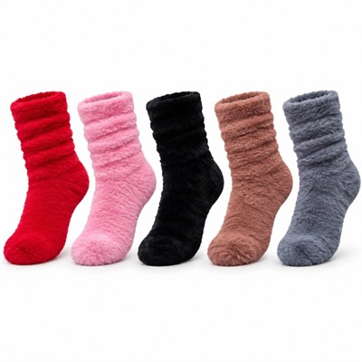 Kadın 5li Peluş Ev Çorabı Seti | Yumuşacık Tüylü Kışlık Soket Çorap Kırmızı Pembe Siyah Kahve & Gri