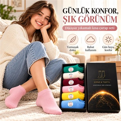 Kadın Dikişsiz Patik Çorap 6lı Kutulu Seti | Renkli Yıkamalı Günlük Sneaker Çorabı Hediyelik Paketi