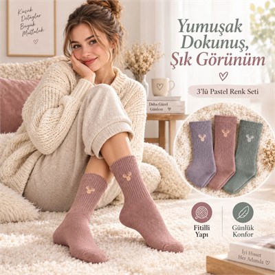 Kadın Geyik Fitilli Soket Çorap 3’lü – Yumuşak Dokulu Pastel Renk Günlük Çorap Seti