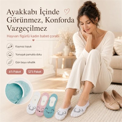 Kadın Hayvan Figürlü Görünmez Babet Çorap 12li | Pamuklu Kaymaz Topuk, Ekru Pembe Nane