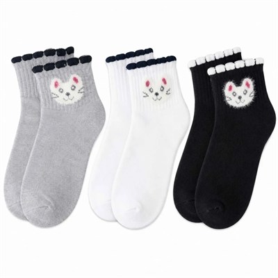 Kadın Kedi Desenli Kısa Konç Çorap 3’lü Paket, %80 Pamuklu Dikişsiz Burun, Nefes Alan Yumuşak Bilek Çorabı, Gri Siyah Beyaz