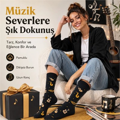 Kadın Müzik Enstrüman Desenli Soket Çorap 36-40 | Pamuklu Dikişsiz Siyah Uzun Konç Hediyelik