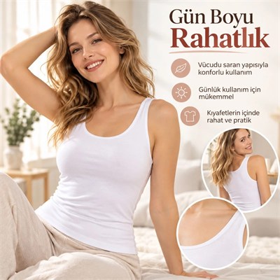 Kadın Pamuklu Kalın Askılı Derin Oval Yaka Düz Atlet Beyaz | Günlük Kullanım İçin Şık ve Rahat Atlet