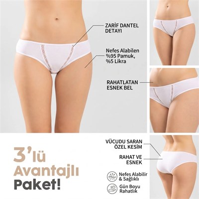 Kadın Pamuklu Zikzak İşlemeli Bikini Kesim Külot 3lü Paket | Siyah Beyaz Dantel Detaylı İç Çamaşırı