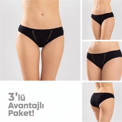 Kadın Pamuklu Zikzak İşlemeli Bikini Kesim Külot 3lü Paket | Siyah Beyaz Dantel Detaylı İç Çamaşırı