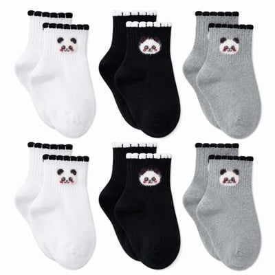 Kadın Panda Desenli Kısa Konç Çorap 6lı | %80 Pamuklu Dikişsiz, Siyah Beyaz Gri