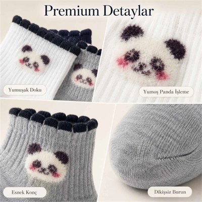 Kadın Panda Desenli Kısa Konç Çorap 6lı | %80 Pamuklu Dikişsiz, Siyah Beyaz Gri