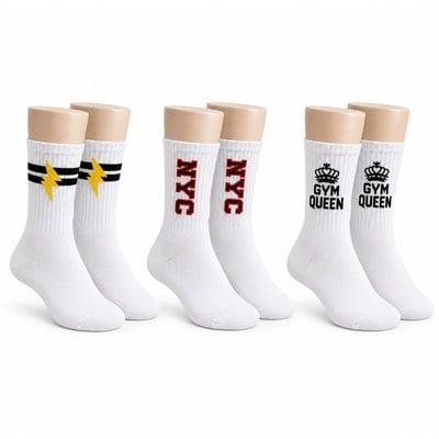 Kadın Spor Çorap Beyaz Yazılı 3lü Set Uzun Soket Pamuklu Dikişsiz Nefes Alan Spor Konforlu Çoraplar