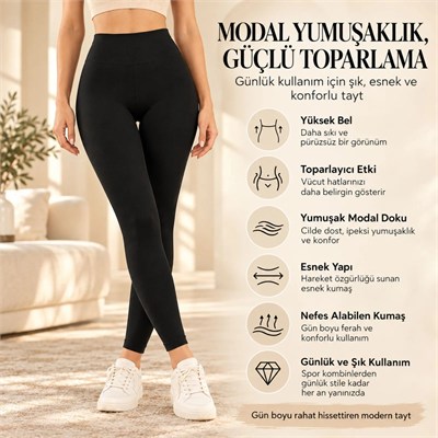 Kadın Toparlayıcı Siyah Modal 3lü Tayt Yüksek Bel Esnek Rahat Günlük Spor Vücut Şekillendirici Tayt