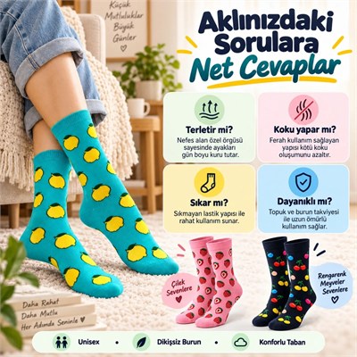 Kadın Ve Erkek Çorap Meyve Desenli Renkli 3lü Set Uzun Soket Günlük Rahat Çorap Seti