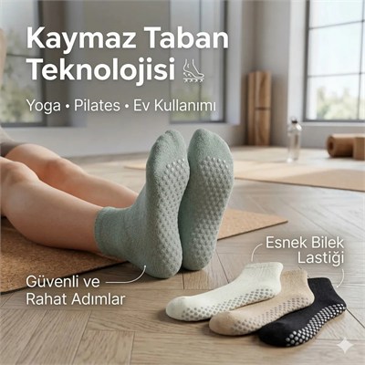Kaymaz Tabanlı Yoga Pilates 4’lü Çorap, Silikon Tabanlı Esnek Nefes Alan Ev ve Spor Çorabı