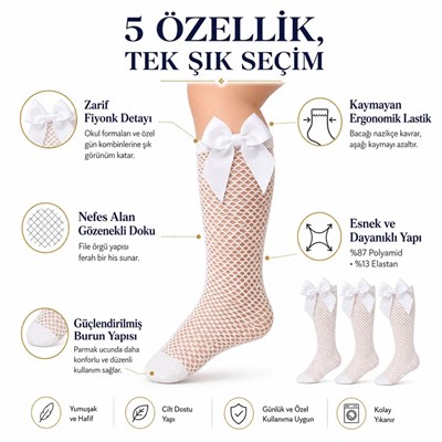 Kız Çocuk Beyaz File Dizaltı Çorap Fiyonklu 3lü Paket Okul Tören Bayram Gösteri Çorabı
