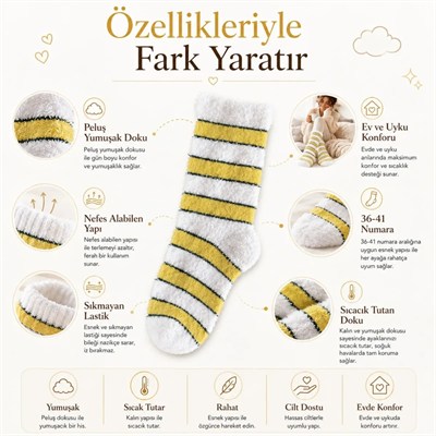 Peluş Çizgili Kadın Uyku Çorabı 36-40 Yumuşak Sıcak Tutan Sıkmayan Ev Çorabı Sarı Beyaz
