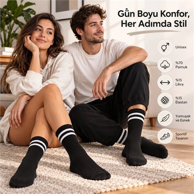 Siyah Çorap Beyaz Çizgili 3lü Set Unisex Uzun Soket Günlük Spor Rahat Kolej Stil Çorap Seti