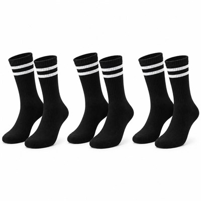 Siyah Çorap Beyaz Çizgili 3lü Set Unisex Uzun Soket Günlük Spor Rahat Kolej Stil Çorap Seti