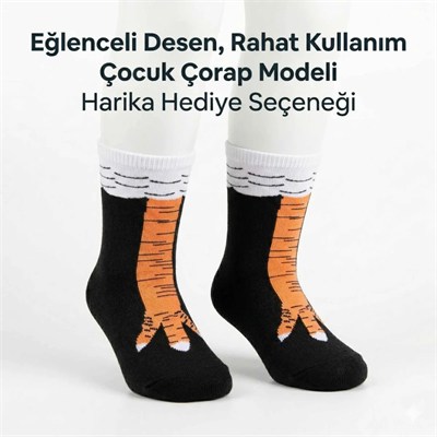 Tavuk Ayağı Desenli Çocuk Çorap Siyah Turuncu Eğlenceli Hayvan Figürlü Yumuşak Dokulu Günlük Çorap