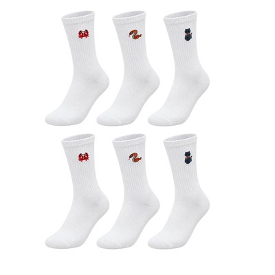 UNİSEX Çorap Beyaz Hayvan Nakışlı 6lı Set Yengeç Yılan Kedi Desenli Uzun Soket Günlük Spor Çorabı