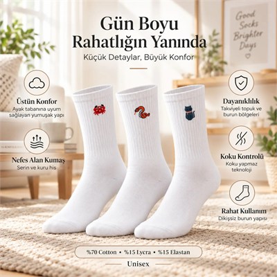 UNİSEX Çorap Beyaz Hayvan Nakışlı 6lı Set Yengeç Yılan Kedi Desenli Uzun Soket Günlük Spor Çorabı