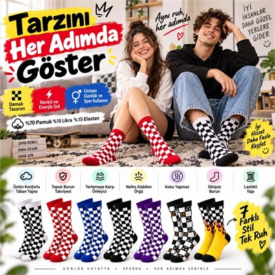 UNİSEX Çorap Dama Desenli Renkli 14lü Set Kareli Alev Desenli Uzun Soket Günlük Spor Çorabı