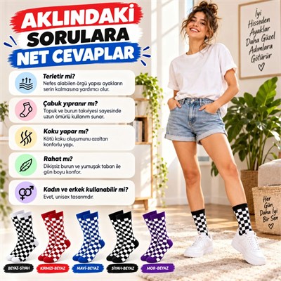 UNİSEX Çorap Dama Desenli Renkli 5li Set Kareli Uzun Soket Günlük Spor Eğlenceli Rahat Çorap Seti
