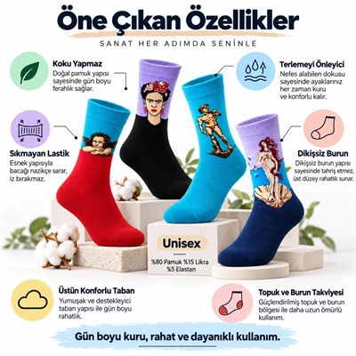 UNİSEX Çorap Sanat Temalı Renkli 7li Set Portre Tablo Desenli Uzun Soket Günlük Eğlenceli Çorap Şık