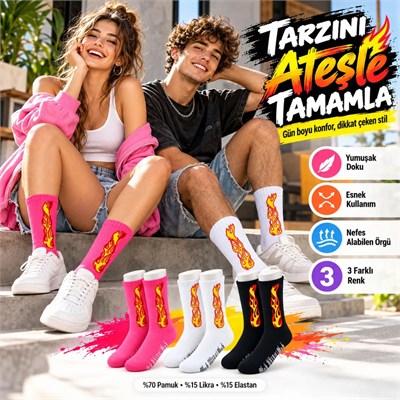 Unisex Alev Desenli Çorap 6lı Set Pamuklu Uzun Soket Dikişsiz Nefes Alan Günlük Spor Çorabı Yumuşak