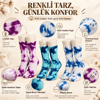 Unisex Batik Desenli Çorap 3lü Set Pamuklu Renkli Uzun Soket Dikişsiz Nefes Alan Spor Çorabı Günlük