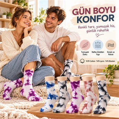 Mavi Mor Gül Kurusu Unisex Batik Desenli Çorap 5li Set Pamuklu Renkli Uzun Soket Dikişsiz Nefes Alan Günlük Spor Çorabı