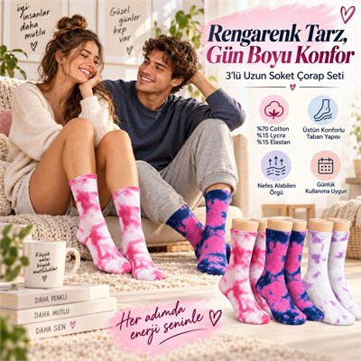 Unisex Batik Desenli Çorap 6lı Set Pamuklu Renkli Uzun Soket Dikişsiz Nefes Alan Günlük Spor Çorabı