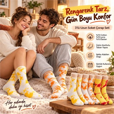 Unisex Batik Desenli Çorap 6lı Set Pamuklu Renkli Uzun Soket Dikişsiz Nefes Alan Günlük Spor Çorabı
