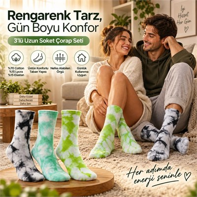 Unisex Batik Desenli Çorap 6lı Set Renkli Pamuklu Uzun Soket Dikişsiz Nefes Alan Günlük Spor Çorabı