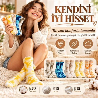 Unisex Batik Spor Çorap 10lu Set Tie Dye Tenis Çorabı Koyu Retro Renkler Günlük Rahat Konforlu Stil