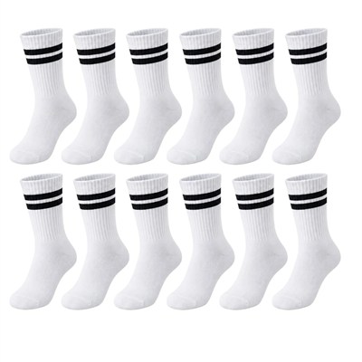 Unisex Beyaz Çorap Siyah Çizgili 12li Set Uzun Soket Günlük Spor Kolej Stil Kadın Erkek Çorabı