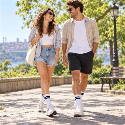 Unisex Beyaz Çorap Siyah Çizgili 6lı Set Uzun Soket Günlük Spor Kolej Stil Rahat Kadın Erkek Çorabı