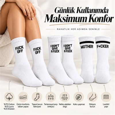 Unisex Beyaz Yazılı Çorap Esprili Sloganlı Uzun Soket Günlük Spor Rahat 3lü Eğlenceli Şık Hediye Set