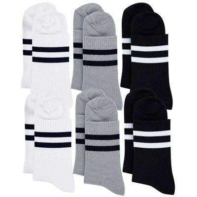 Unisex Çizgili Bilek Çorap 6lı | %80 Pamuklu Dikişsiz Burun, Siyah Beyaz Gri Günlük Spor