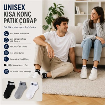 Unisex Çizgili Patik Çorap 6lı | %85 Pamuklu Geri Dönüşüm İplikli, İnce Dikişli Spor