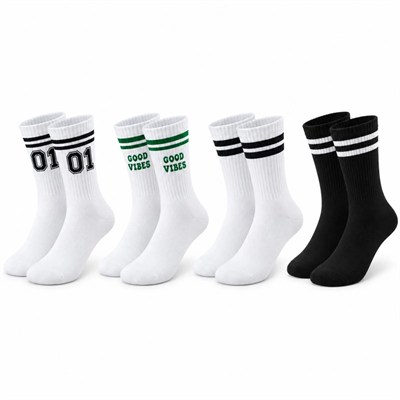 Unisex Çorap Çizgili 4lü Set 07 Good Vibes Yazılı Siyah Beyaz Uzun Soket Spor Kolej Stil Rahat Şık