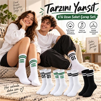 Unisex Çorap Çizgili 8li Set 07 Good Vibes yazılı Siyah Beyaz Uzun Soket Spor Kolej Stil Çorap
