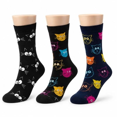 Unisex Kedi Desenli Çorap 3lü Set Pamuklu Renkli Uzun Soket Dikişsiz Nefes Alan Rahat Günlük Çorap