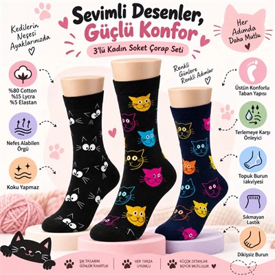 Unisex Kedi Desenli Çorap 6lı Set Pamuklu Renkli Uzun Soket Dikişsiz Nefes Alan Rahat Günlük Çorap