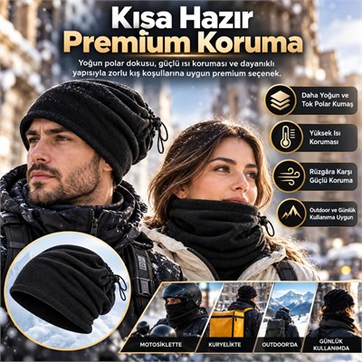 Unisex Premium Polar Bere Boyunluk 2si 1 Arada Sıcak Tutan Rüzgar Korumalı Outdoor Kışlık Siyah Şık