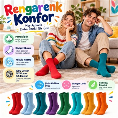 Unisex Renkli Çorap 8li Set Günlük Rahat Esnek Uzun Soket Çorap Canlı Renkler Yumuşak Konforlu Seti