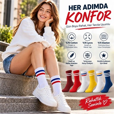 Unisex Renkli Çorap Çizgili 6lı Set Uzun Soket Günlük Spor Kolej Stil Rahat Şık Kadın Erkek Çorabı