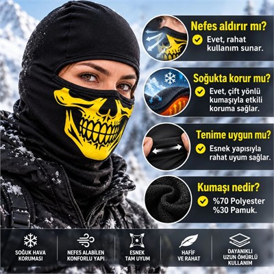 Unisex Sarı Kurukafa Desenli Balaklava Kar Maskesi | Siyah Tam Yüz Boyunluk Motosiklet Outdoor Maske